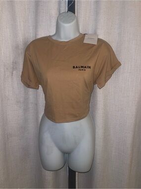 Balmain Paris Cropped Tee in Camel Brown
